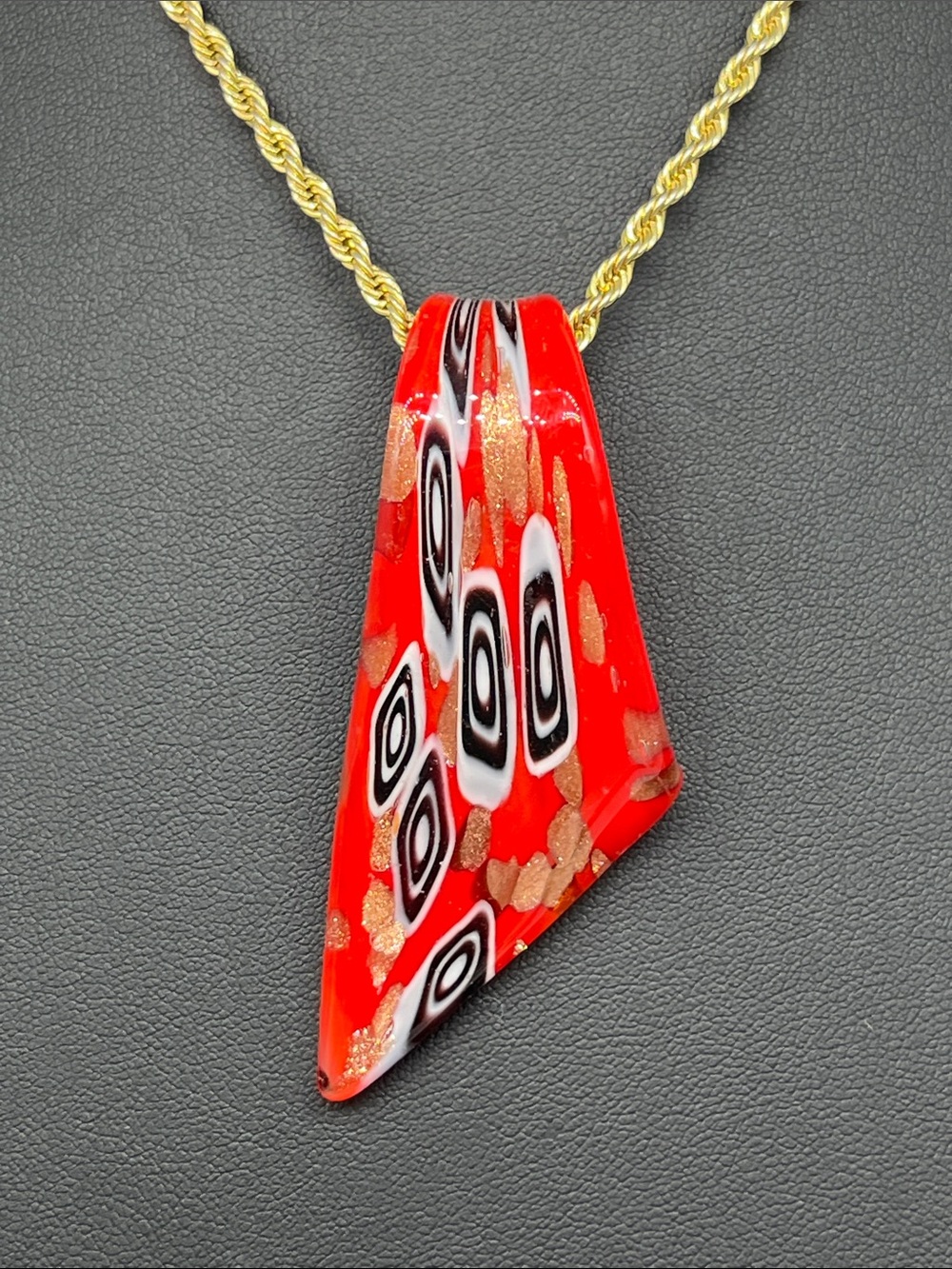 Large Dichroic art glass pendant on vintage gold tone 29 inch chain